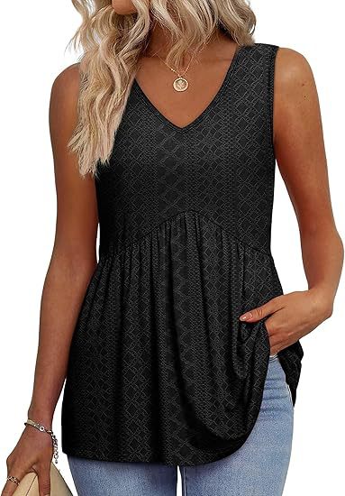 Effortless Textured Peplum Tank for Women with V Neck Sleeveless Pleated Swing Hem Casual Style