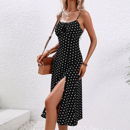 Effortless Polka Dot Midi Dress for Women with Scoop Neck Spaghetti Strap Side Slit Bodycon Style