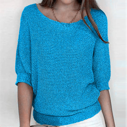 Comfortable Knit Sweater for Women with Scoop Neck Batwing Sleeve Relaxed Oversized Style