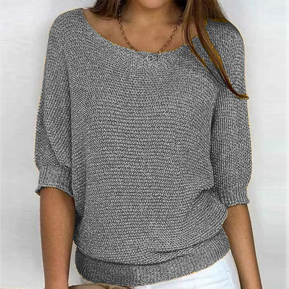 Comfortable Knit Sweater for Women with Scoop Neck Batwing Sleeve Relaxed Oversized Style