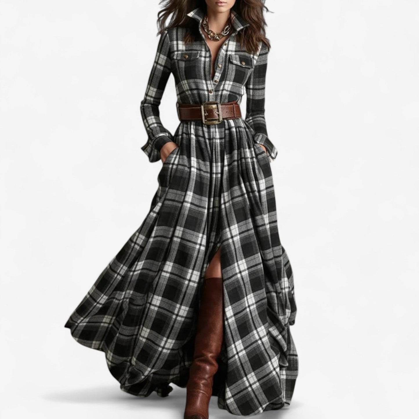 Effortless Plaid Maxi Shirt Dress for Women with Collar Long Sleeve Belted Flowing Style