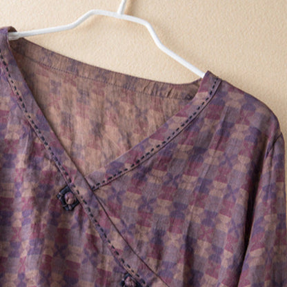 Effortless Printed Linen Blouse for Women with V Neck Bell Sleeve Wrap Button Front Relaxed Style