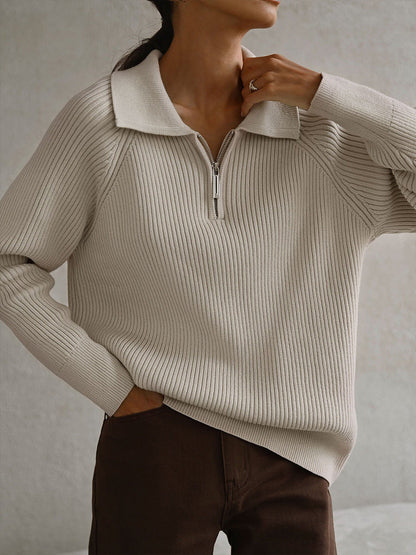 Comfortable Ribbed Knit Half Zip Sweater for Women with Collar Long Sleeve Relaxed Oversized Style