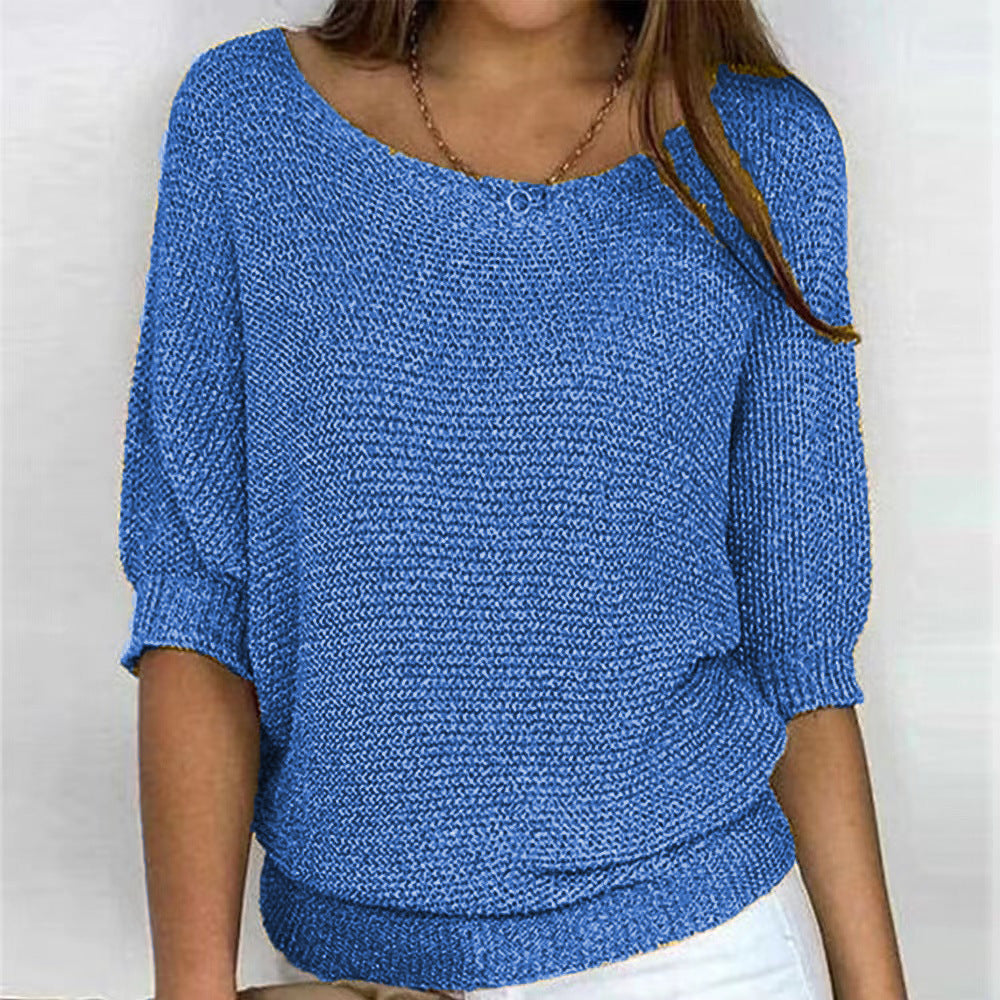 Comfortable Knit Sweater for Women with Scoop Neck Batwing Sleeve Relaxed Oversized Style