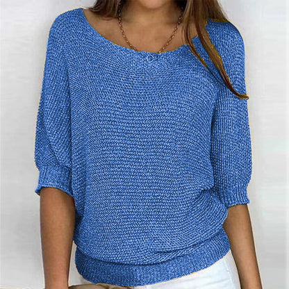 Comfortable Knit Sweater for Women with Scoop Neck Batwing Sleeve Relaxed Oversized Style