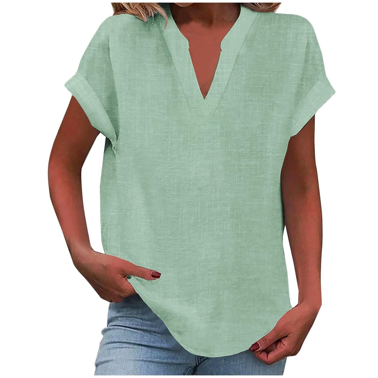 Effortless Linen Blouse for Women with V Neck Short Sleeve Relaxed Curved Hem Casual Style