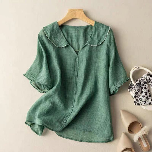 Effortless Linen Blouse for Women with V Neck Ruffle Sleeve Scalloped Collar Casual Style