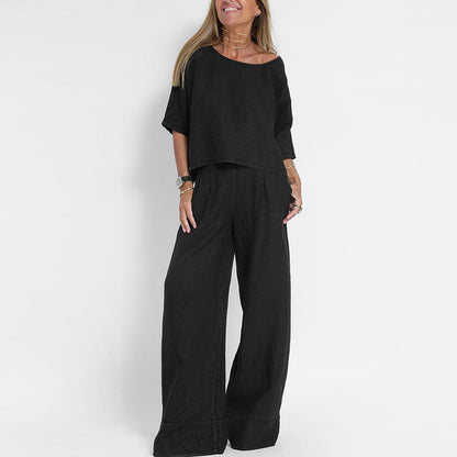 Effortless Linen Wide Leg Set for Women with Round Neck Elbow Sleeve Cropped Relaxed Two Piece Style