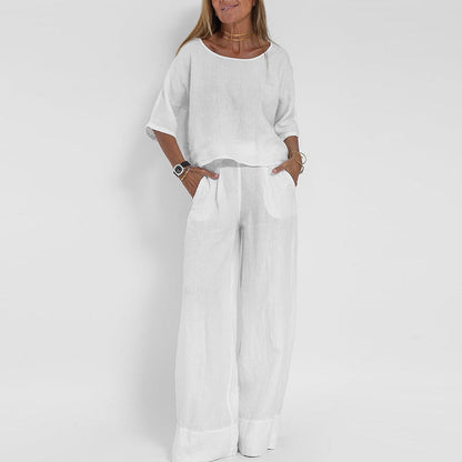 Effortless Linen Wide Leg Set for Women with Round Neck Elbow Sleeve Cropped Relaxed Two Piece Style