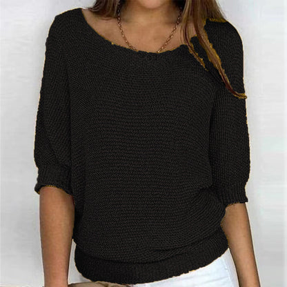 Comfortable Knit Sweater for Women with Scoop Neck Batwing Sleeve Relaxed Oversized Style