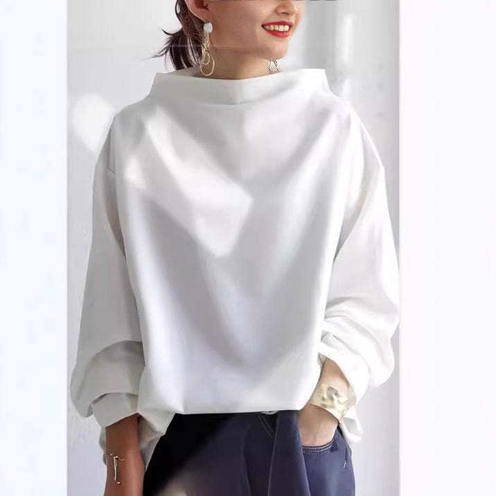 Comfortable Oversized Blouse for Women with High Neck Balloon Sleeve Relaxed Knit Style