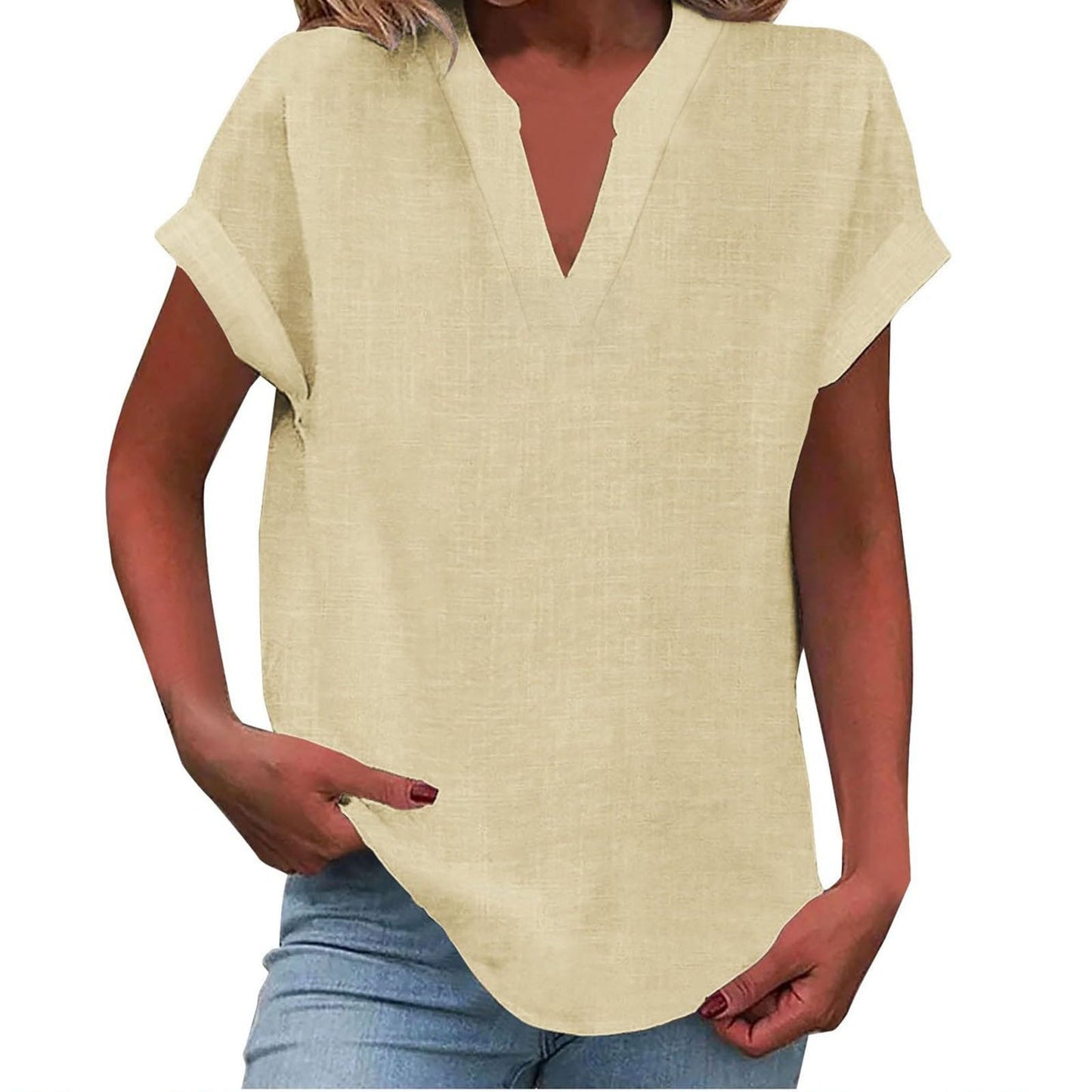 Effortless Linen Blouse for Women with V Neck Short Sleeve Relaxed Curved Hem Casual Style