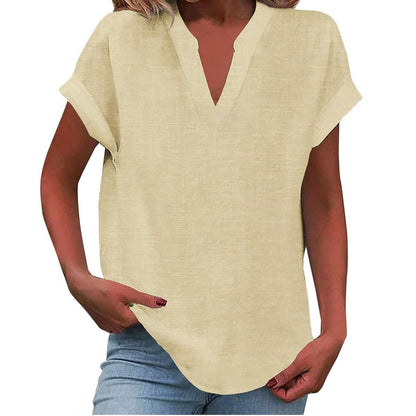 Effortless Linen Blouse for Women with V Neck Short Sleeve Relaxed Curved Hem Casual Style