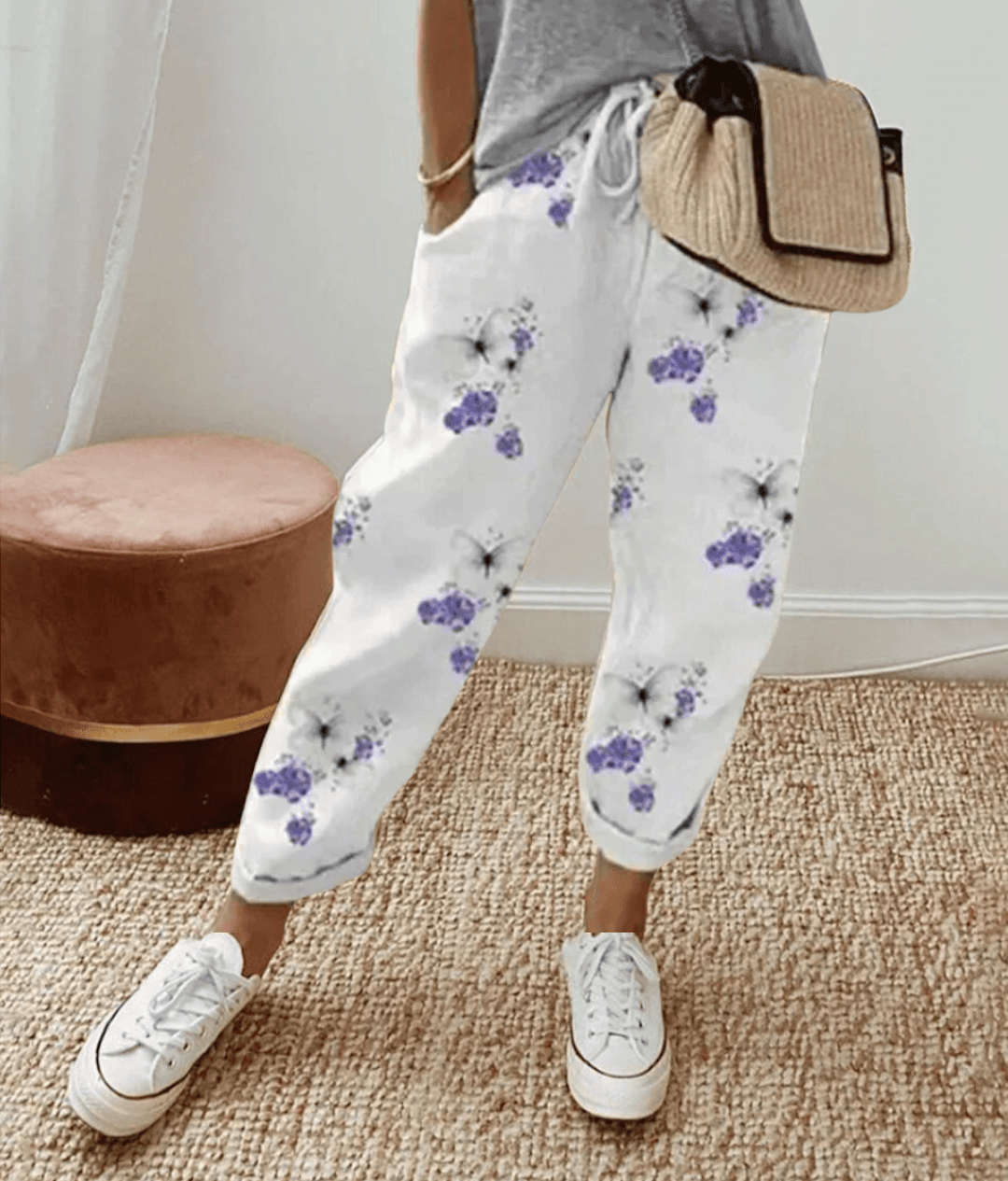 Effortless Printed Jogger Pants for Women with High Waist Drawstring Cuffed Tapered Casual Style