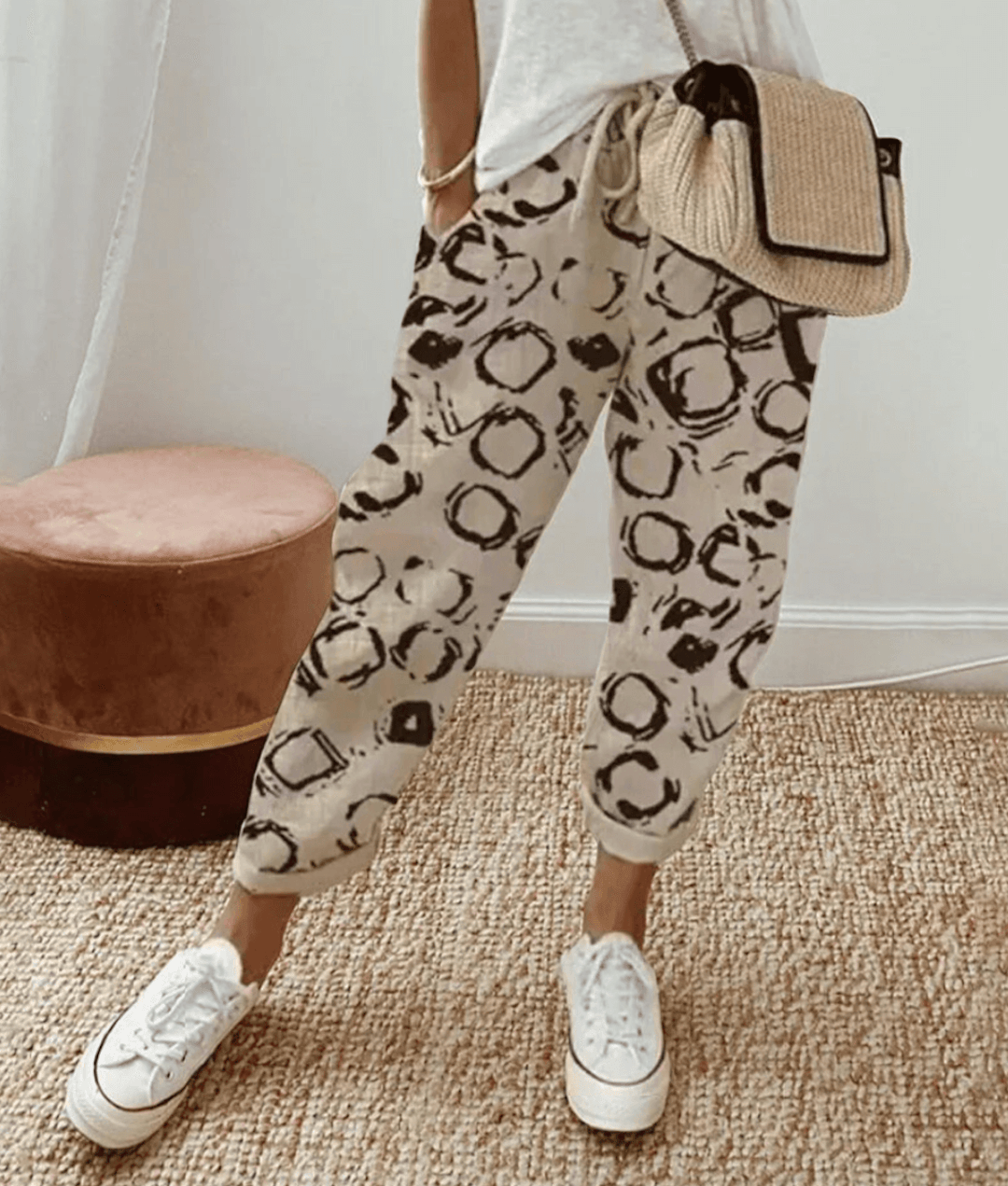 Effortless Printed Jogger Pants for Women with High Waist Drawstring Cuffed Tapered Casual Style