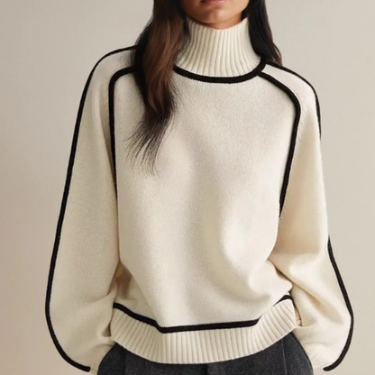 Comfortable Contrast Trim Sweater for Women with Turtleneck Batwing Sleeve Oversized Knit Style