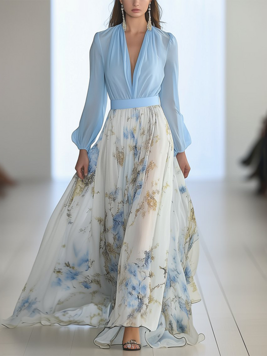 Elegant Blue Floral Maxi Dress for Women with V Neck Bishop Sleeve Contrast Bodice Flowing Wedding Guest Style