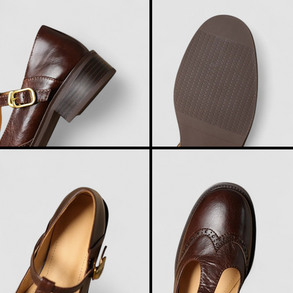 Elegant Leather Mary Jane Shoe for Women with T Strap Buckle Wingtip Brogue Style