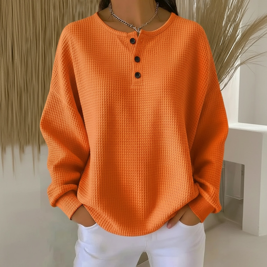 Comfortable Waffle Knit Sweater for Women with Round Neck Long Sleeve Button Placket Oversized Relaxed Style