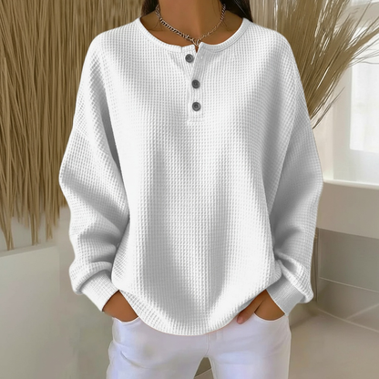 Comfortable Waffle Knit Sweater for Women with Round Neck Long Sleeve Button Placket Oversized Relaxed Style