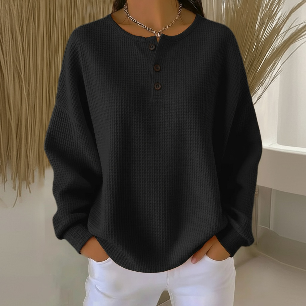 Comfortable Waffle Knit Sweater for Women with Round Neck Long Sleeve Button Placket Oversized Relaxed Style