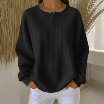 Comfortable Waffle Knit Sweater for Women with Round Neck Long Sleeve Button Placket Oversized Relaxed Style