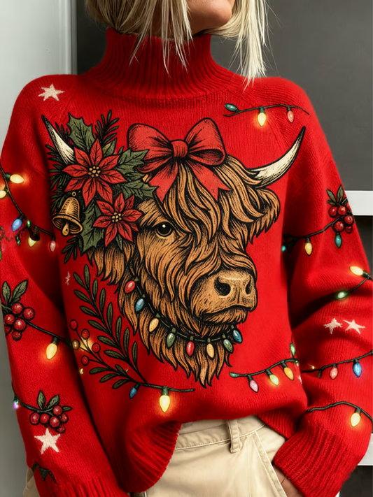 Comfortable Red Highland Cow Sweater for Women with Turtleneck Long Sleeve Oversized Knit Christmas Style