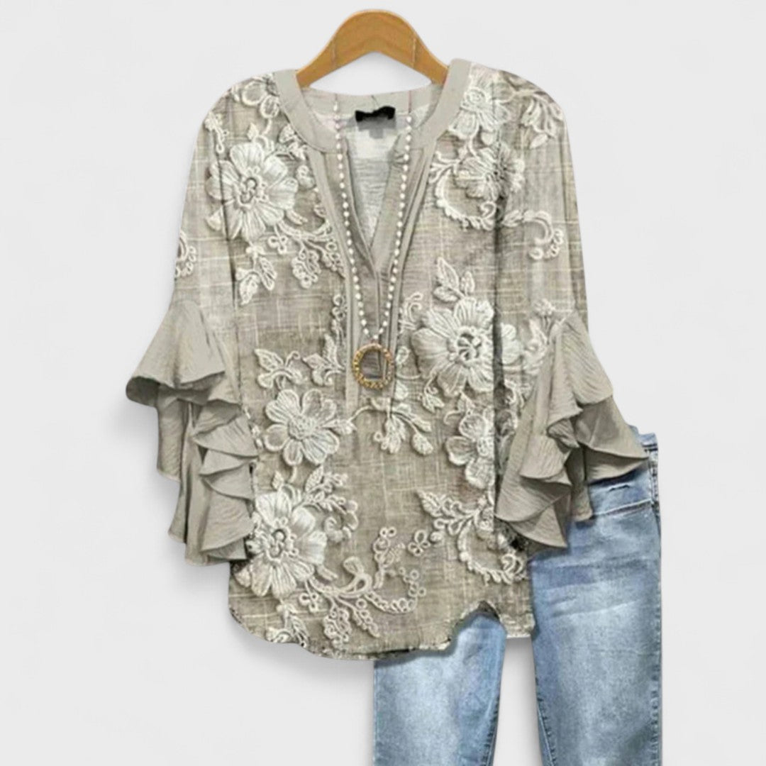 Effortless Floral Blouse for Women with V Neck Bell Sleeve Ruffle Flowing Bohemian Style