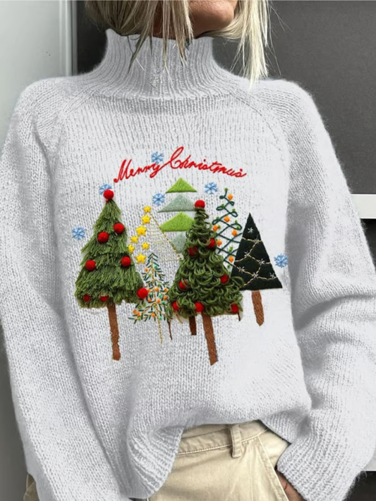 Comfortable White Christmas Tree Sweater for Women with Turtleneck Long Sleeve Embroidered Knit Style