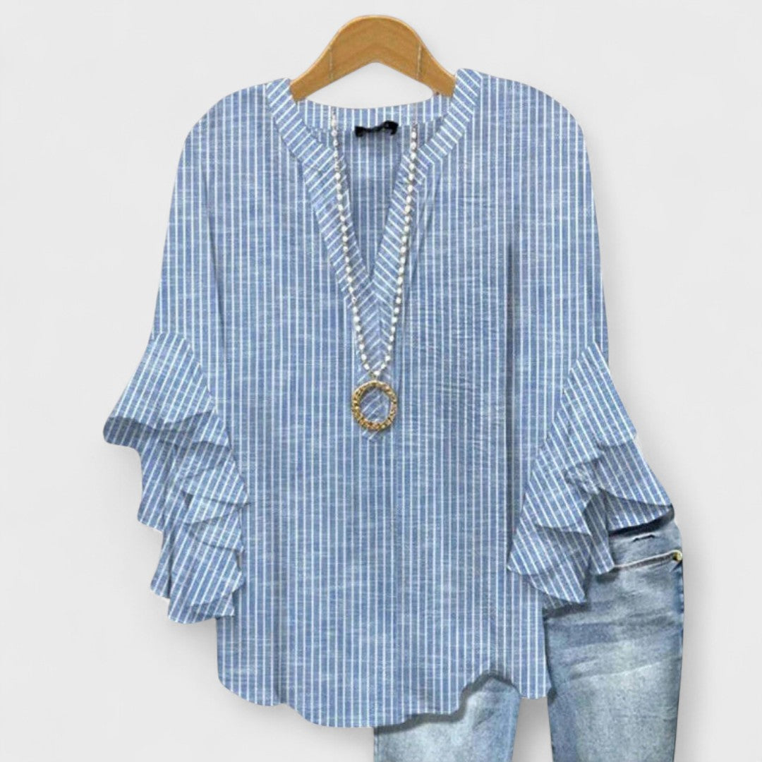 Effortless Floral Blouse for Women with V Neck Bell Sleeve Ruffle Flowing Bohemian Style