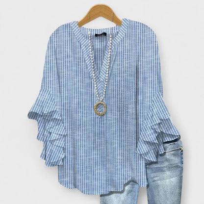Effortless Floral Blouse for Women with V Neck Bell Sleeve Ruffle Flowing Bohemian Style