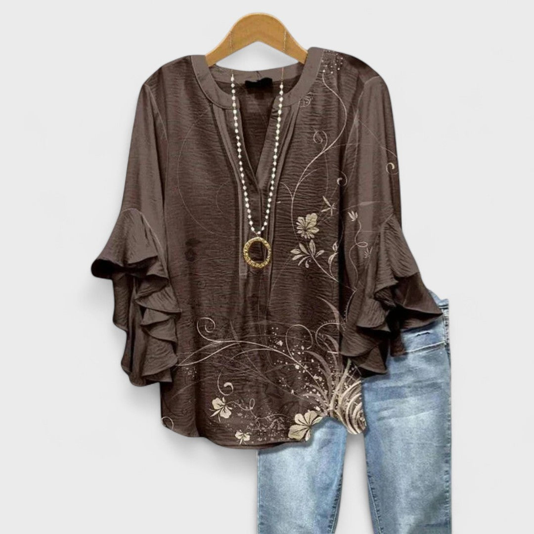 Effortless Floral Blouse for Women with V Neck Bell Sleeve Ruffle Flowing Bohemian Style
