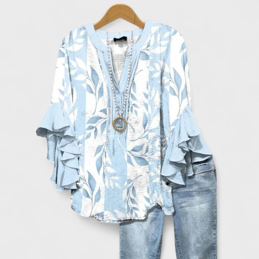 Effortless Floral Blouse for Women with V Neck Bell Sleeve Ruffle Flowing Bohemian Style