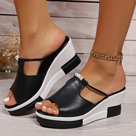 Comfortable Wedge Sandals for Women with T Strap Cutout Platform Peep Toe Slip On Style