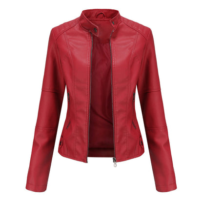 Stylish Faux Leather Moto Jacket for Women with Stand Collar Long Sleeve Cropped Fitted Casual Style