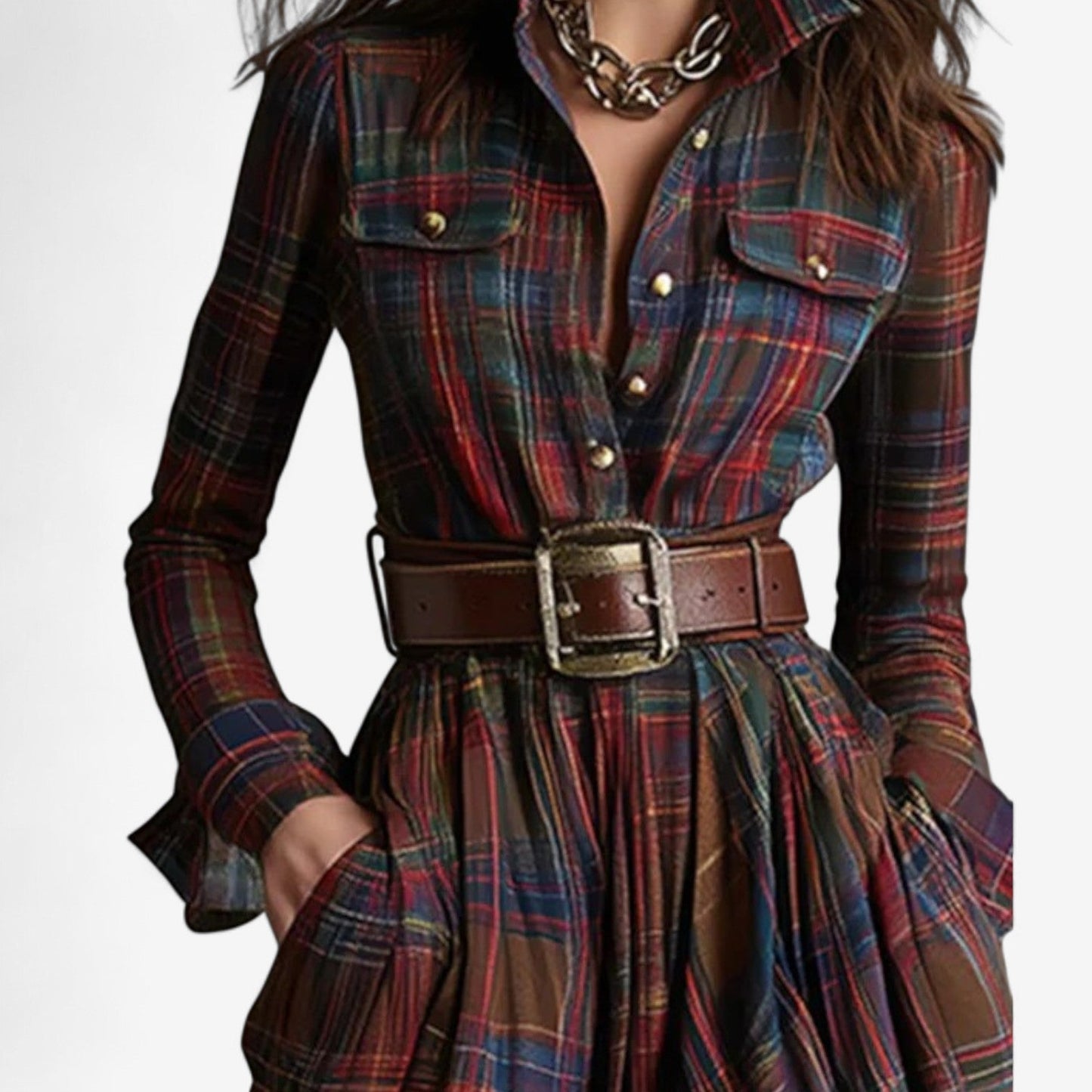 Effortless Plaid Maxi Shirt Dress for Women with Collar Long Sleeve Belted Flowing Style