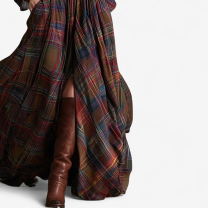 Effortless Plaid Maxi Shirt Dress for Women with Collar Long Sleeve Belted Flowing Style