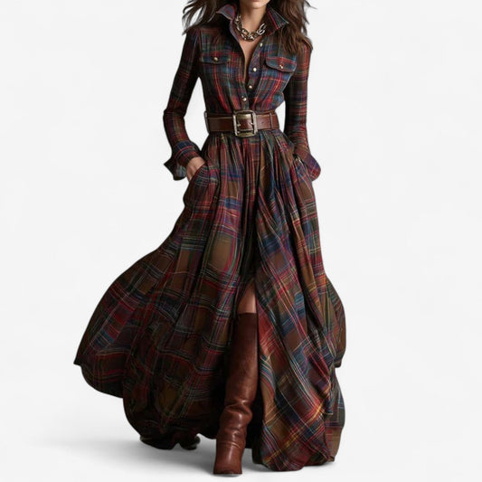 Effortless Plaid Maxi Shirt Dress for Women with Collar Long Sleeve Belted Flowing Style