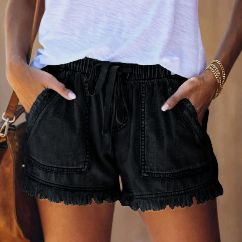 Effortless Denim Cargo Shorts for Women with Drawstring Waist Frayed Hem Casual Style