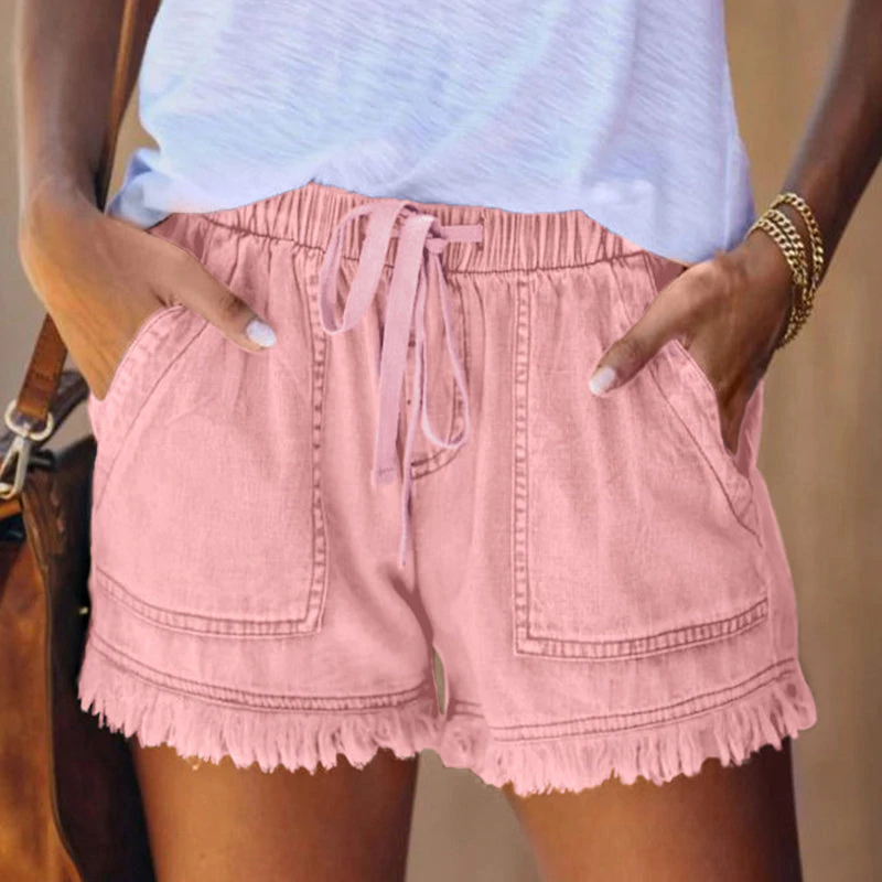 Effortless Denim Cargo Shorts for Women with Drawstring Waist Frayed Hem Casual Style