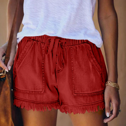 Effortless Denim Cargo Shorts for Women with Drawstring Waist Frayed Hem Casual Style