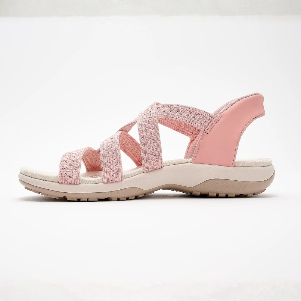 Comfortable Sandals for Women with Multi Strap Woven Upper Cushioned Flat Sole Slip On Style