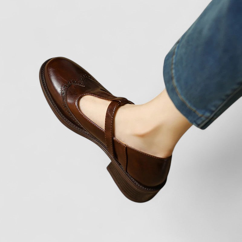 Elegant Leather Mary Jane Shoe for Women with T Strap Buckle Wingtip Brogue Style