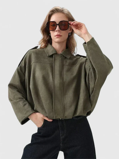 Effortless Suede Cropped Jacket for Women with Collar Long Sleeve Bubble Hem Oversized Relaxed Style