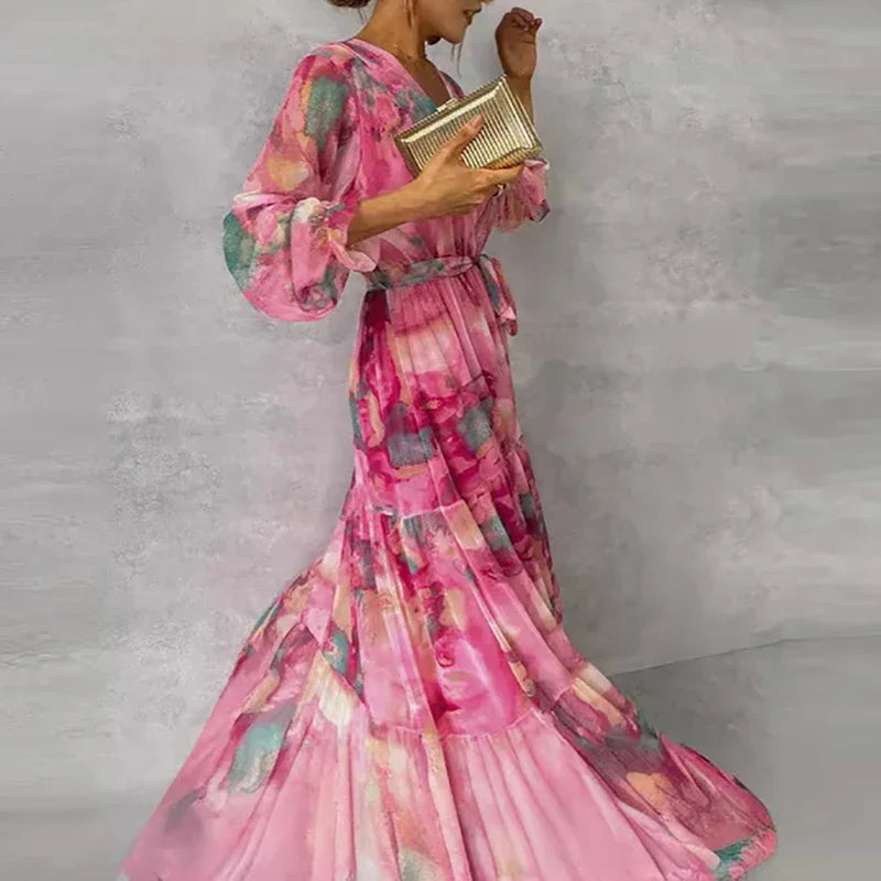 Effortless Pink Watercolor Maxi Dress for Women with V Neck Bell Sleeve Wrap Tiered Ruffle Bohemian Style