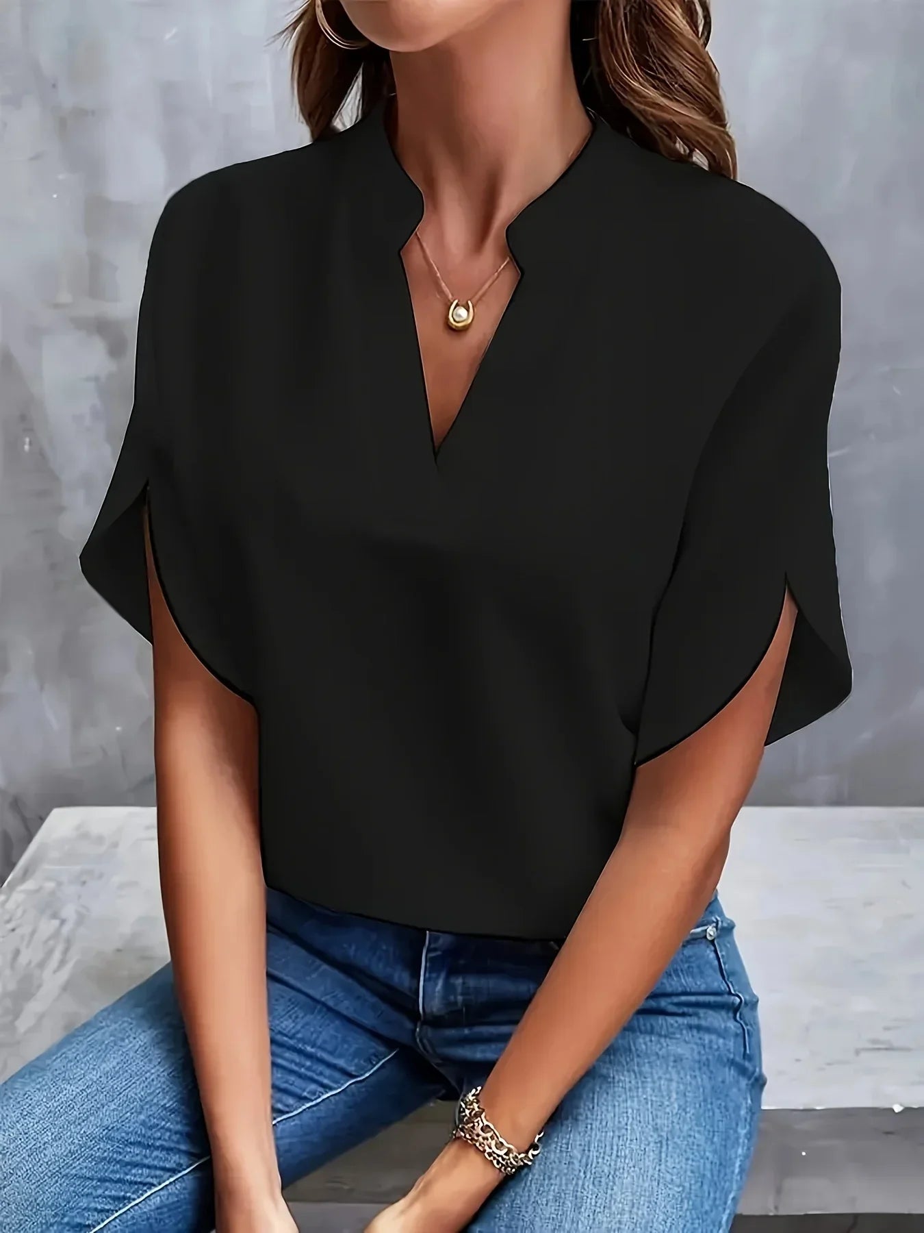 Effortless Chiffon Blouse for Women with Notch V Neck Flutter Sleeve Relaxed Flowing Style