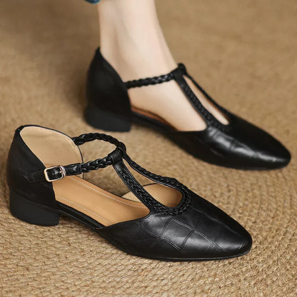 Elegant Croc Embossed Leather T-Strap Flats for Women with Pointed Toe Braided Strap Block Heel Style