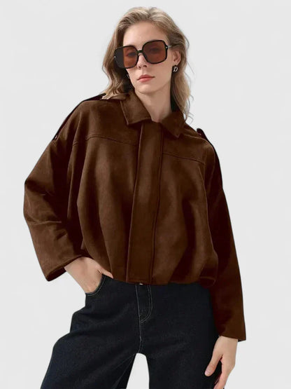 Effortless Suede Cropped Jacket for Women with Collar Long Sleeve Bubble Hem Oversized Relaxed Style