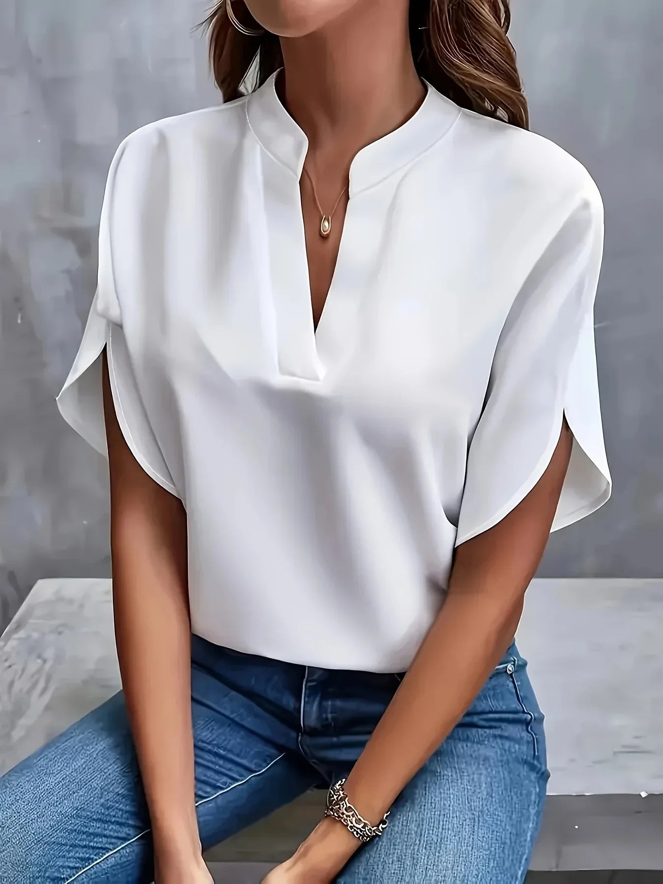 Effortless Chiffon Blouse for Women with Notch V Neck Flutter Sleeve Relaxed Flowing Style
