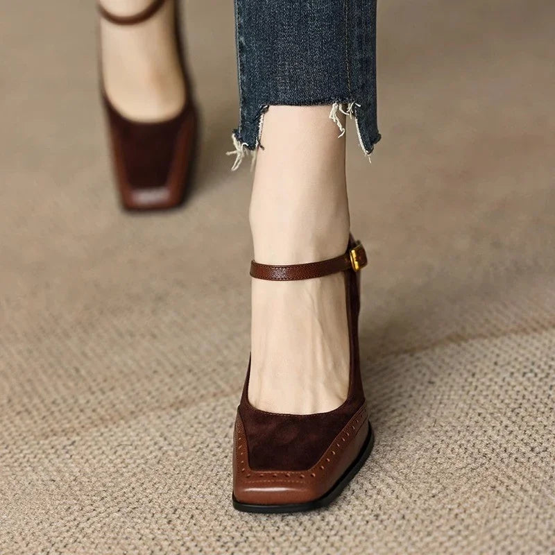 Elegant Leather Suede Mary Jane Pumps for Women with Buckle Strap Brogue Trim Block Heel Casual Style